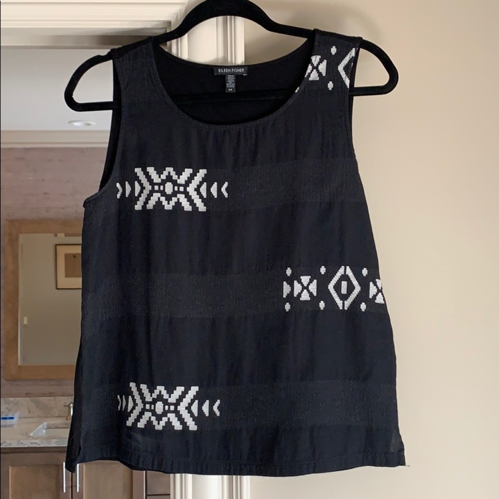 Eileen Fisher tank black sleeveless embroidery